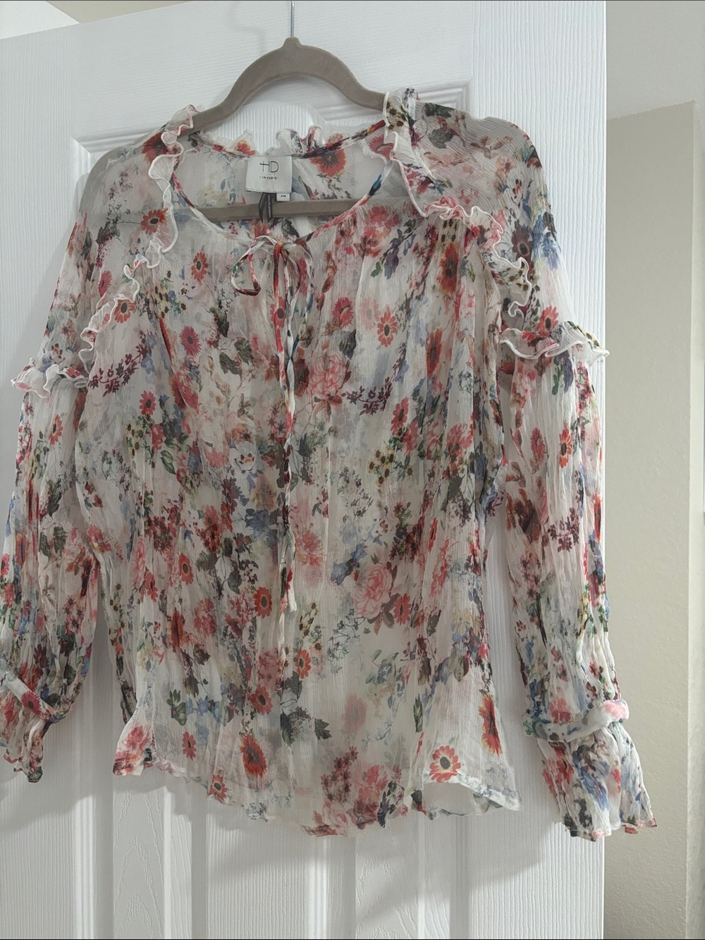HD in Paris Sheer Floral Ruffle Tie-Neck Blouse in Ivory Multi